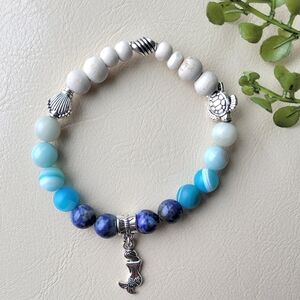 New Handmade Elastic Gemstone Bracelet, Blue with Ocean Themed Charms